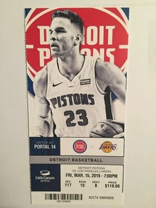 DETROIT PISTONS VS LOS ANGELES LAKERS MARCH 15, 2019 TICKET STUB - Picture 1 of 1