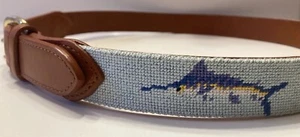 Needlepoint Belt Marlin Aqua Blue British Tan Leather Tabs Brass Size 32 NEW - Picture 1 of 12
