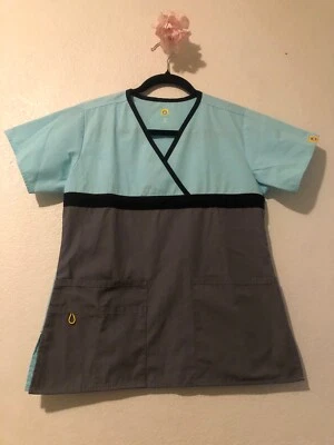 Wonder Wink Scrubs Top-XS Nurse Medical Uniform Shirt XS Blue/Black/Grey - Image 1 of 3