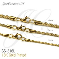 Gold Plated 18K, Stainless Steel 316L 2mm 3mm 4mm Rope Chain Necklace Men Women 