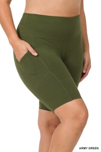 Plus 1X-3X cotton waistband biker shorts with pockets 3 Colors - Picture 1 of 5