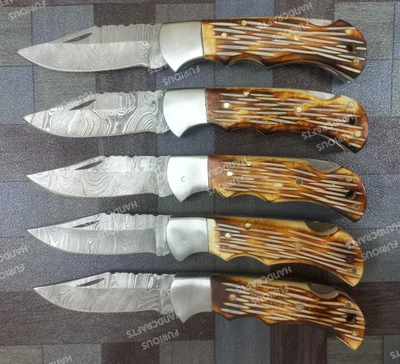 Lot of 20 PCS Handmade Damascus Steel Back Lock Folding Pocket knife with pouch - Image 1 of 4