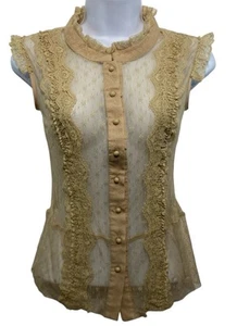 Top Xhilaration Morikei transparente para mujer talla pequeña malla de encaje transparente con botones beige - Imagen 1 de 8