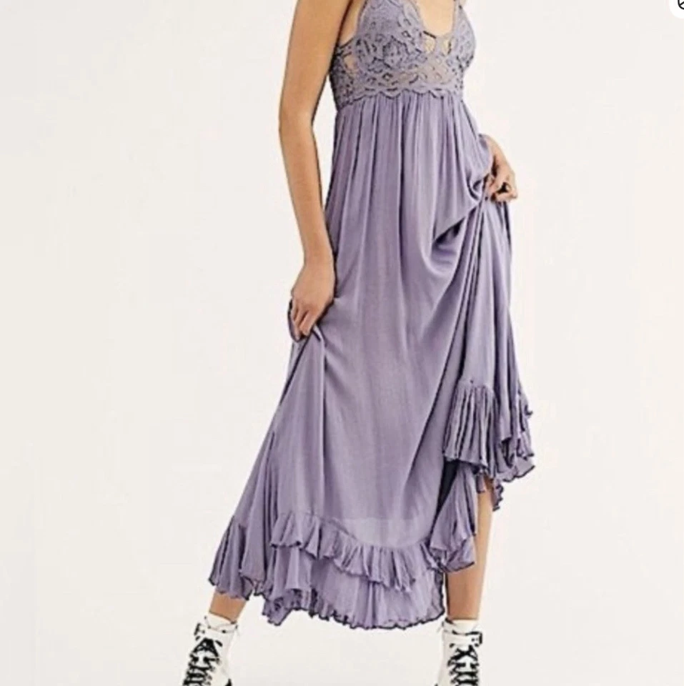Vestido Free People ONE Adella Maxi Sin Mangas Encaje Volantes Lila Lavanda M/L Foto 1 de 4