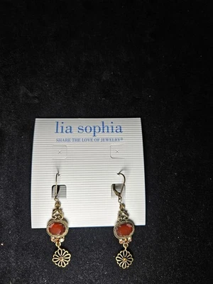 Lia Sophia "Toffee" Brown Resin & Clear Crystals Antique Gold Dangle Earrings  - Image 1 of 4