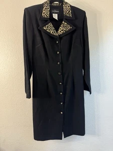 John Roberts Black Animal Long Coat Size 10 Vintage Dress Button Down - Picture 1 of 9