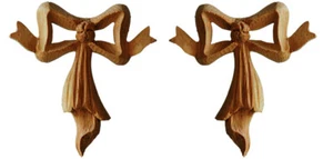 Ribbon & Bow Bedroom Decor Wood Onlays - Delicately Hand Carved Pair - PG597 - Picture 1 of 3