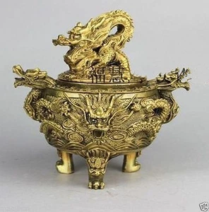 Excelente trípode de bronce cobre firmado dragón quemadores de incienso censor auspicioso - Imagen 1 de 7
