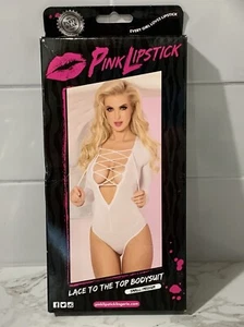 Pink Lipstick Lace To The Top Bodysuit Small/Medium White Long Sleeve - Picture 1 of 4
