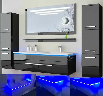 Doppelwaschtisch Badmöbel Set schwarz oder weiss hochglanz Kosmetik 180cm LEDUhr - Bild 1 von 4