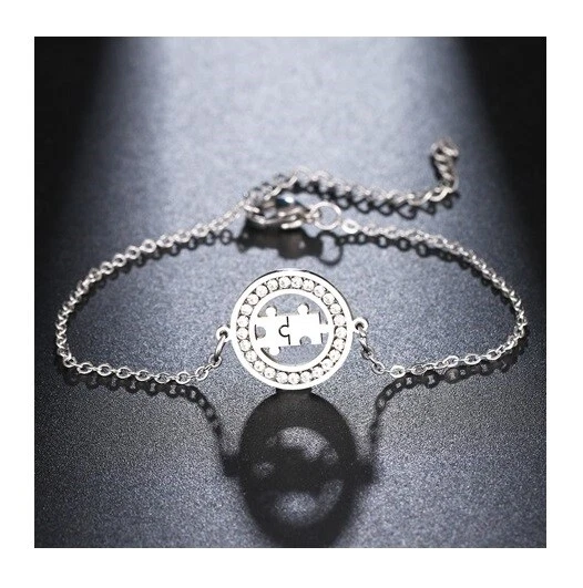 Round Double Puzzle Piece Autism Awareness CZ Silver Stainless Steel Bracelet - Image 1 of 1