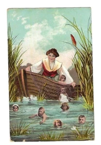 c1905 Mujer con varios bebés en el agua - K.V.I.B. Arte francés - Imagen 1 de 2
