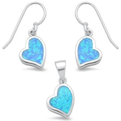 Blue Opal Heart Shape Dangling Earring & Pendant .925 Sterling Silver Set - Image 1 of 2