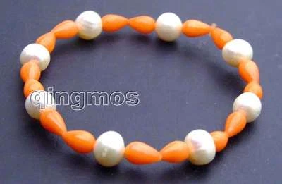 SALE 8-9mm white Natural Pearl and 5*9mm drop Orange coral 7.5" bracelet -bra295 - Imagem 1 de 3