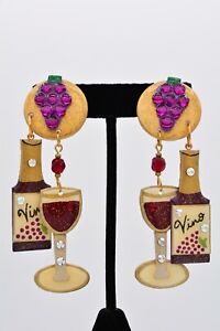Boucles d'oreilles à clip vintage MAM verre à vin bouteille de vin raisins Napa cave signée BinAE