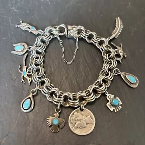 Vintage Southwestern Sterling Silver Charm Bracelet Heavy 10 Charms 32g 7.6” 3h - Picture 1 of 18