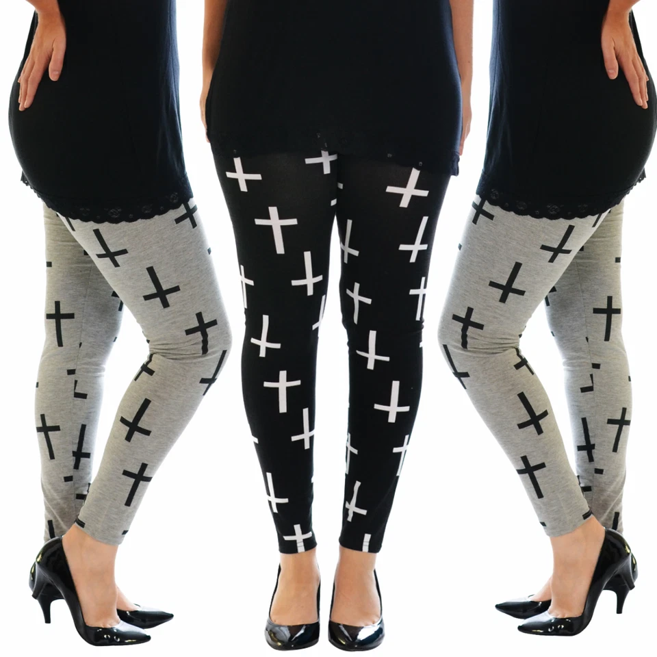 Nouvelle Womens Leggings Ladies Plus Size Cross Print Full Length Trouser Gothic - Image 1 of 1