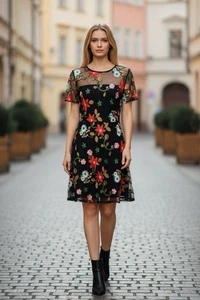 Vestido negro transparente con superposición de red bordado flores brillantes top transparente pequeño para dama - Imagen 1 de 4