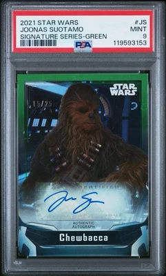 CHEWBACCA - JOONAS SUOTAMO - 2021 Topps Chrome Star Wars GREEN AUTO #/25 PSA 9 - Image 1 of 2