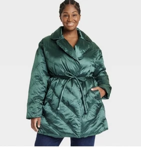 Chaqueta acolchada 1X Abrigo de invierno verde a presión para coche con corbata con cinturón longitud media nuevo - Imagen 1 de 3