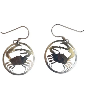 Wild Bryde Crab Cancer Hook Earrings Circular Cutout Signed Silver Tone  Rhodium - Picture 1 of 4