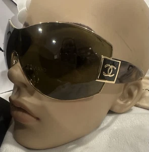 CHANEL Sunglasses AUTHENTIC Tortoise Oversized 4114 Shield Wrap Gold Cc Logo - Picture 1 of 14