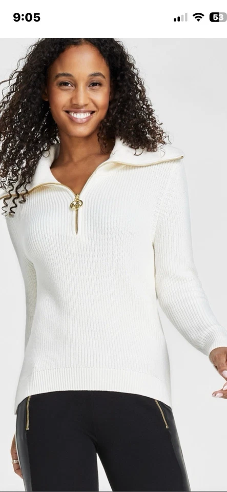 Свитер Michael Kors на молнии ребристый пуловер золотистая фурнитура кремовый размер большой - Изображение 1 из 4