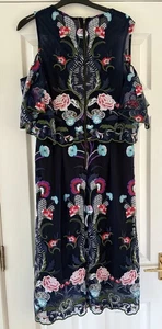 Abito donna RIVER ISLAND blu navy ricamato floreale spalle fredde - Taglia 16 - Foto 1 di 7