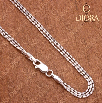 Collar de cadena con cuentas de barril ovalado de tres hilos de plata de ley 925 de 18" y 20" Foto 1 de 3