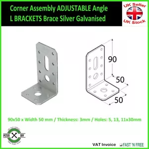 Corner Assembly ADJUSTABLE Angle L BRACKETS Brace Silver Galvanised 90x50x50mm - Picture 1 of 2