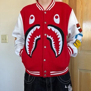 A Bathing Ape Shark Varsity Red White Jacket Kids Size Large. Fits A Small - Picture 1 of 9
