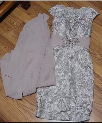 Lace Overlay Dress Beaded Beige PETITE Small Formal Beautiful Dress W/cover-Read — 第 1/4 张图片