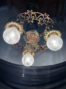 RESTORED Antique Polychrome Art Crafts Deco Mission Chandelier Hanging Light Vtg - Picture 1 of 24