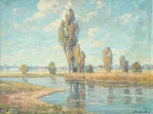 MONET LIKE ORIGINAL VINTAGE RURAL RIVER LANDSCAPE w/ POPLARS OIL PAINTING ART - Picture 1 of 7