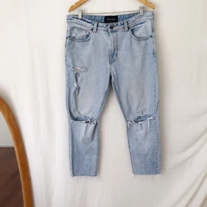 ABRAND Mens Jeans Size 34 Dropped Slim Distressed Light Wash Blue Denim Raw Hem - Picture 1 of 14