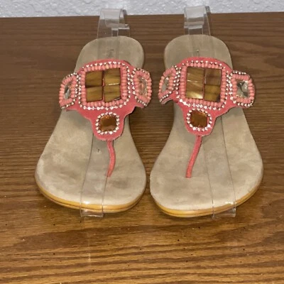 Женские кожаные сандалии Croft & Barrow с акцентом из кораллового камня с бисером стринги размер 9 б/у в отличном состоянии - Изображение 1 из 4