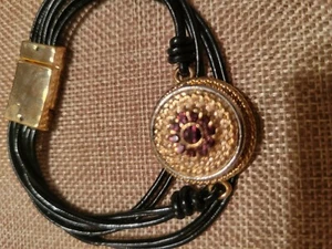 Gingersnaps Black Leather Strand Magnetic Bracelet w/ One 18mm Gold/Pink Snap. - Picture 1 of 11