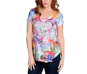 NEW One World Printed Knit Short Sleeve Embellished Scoop Neck T-Shirt - Picture 1 of 2