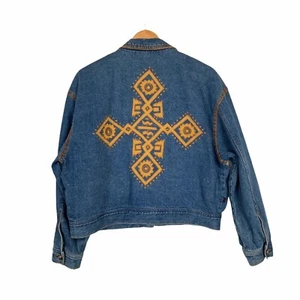 Vintage Palmer Jeans Womens Denim Embroidered Jacket Medium Western Aztec - Picture 1 of 8