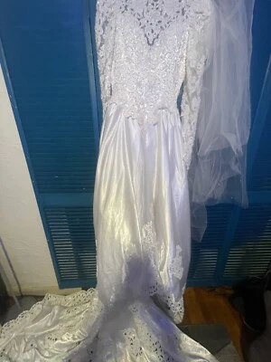Hermoso Vestido de Boda Clásico Demetrios Cuentas Diseñador Blanco Velo Talla 10 Foto 1 de 4