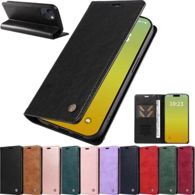 For iPhone 15 14 13 12 11 XR 7 8 SE Thin Magnetic Flip Wallet Leather Case Cover - Image 1 of 4