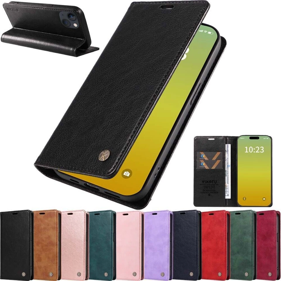 For iPhone 15 14 13 12 11 XR 7 8 SE Thin Magnetic Flip Wallet Leather Case Cover - Image 1 of 4