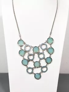 Beachy Coastal Blue Cabochon Rhinestone Round Circle Bib Necklace 21 in - Picture 1 of 7