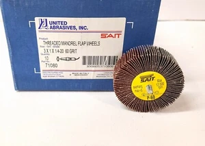 Box Of 10 United Abrasives 71080 Threaded Mandrel Flap Wheels 3 x 1/4-20 60 Grit - Picture 1 of 4