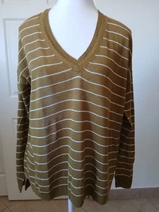 Madewell Sweater Women Small Linen Blend Green White Striped Long Sleeve V-neck - Picture 1 of 14