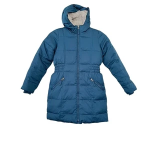 Land's End Girls Teal Faux Fur Lined Long Hooded Winter Jacket Coat size 7-8 - Picture 1 of 8
