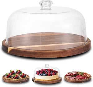 360° drehbarer Kuchenständer mit Kuppeldeckel 30cm Akazienholz Kuchenplatte mit Deckel - Bild 1 von 7