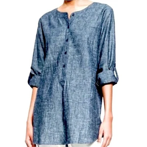 Eileen Fisher 100% Leinen dunkelblau Popover Tunika Knopfleiste Langarm S-M - Bild 1 von 10
