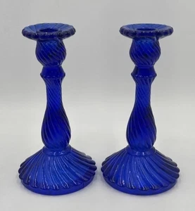 Vintage Twisted Glass Candle Sticks Colbat Blue - Picture 1 of 4
