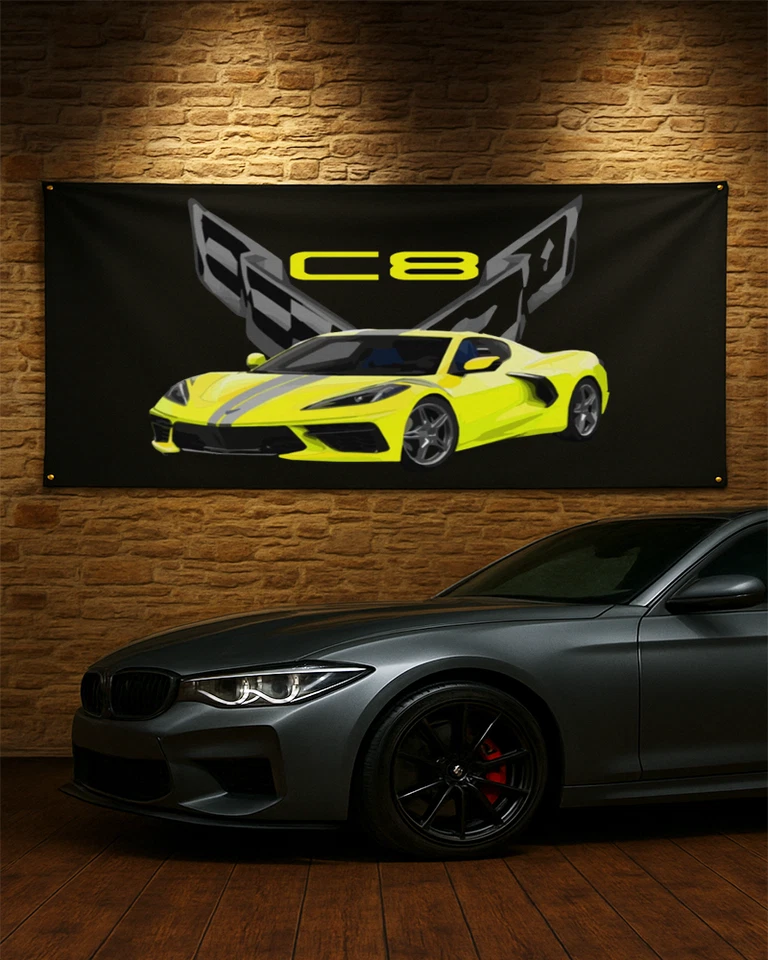 Banner Decorativo Amarillo 2022 Vette C8 Hombre Cueva Garaje Pared Regalo Foto 1 de 1